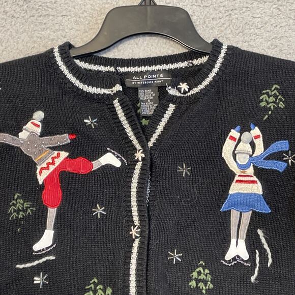 All Points Cardigan Sweater Size S Black & White W/ Embroidered Ice Skaters - Picture 5 of 15